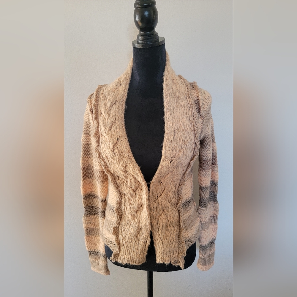 Free People Womens Chunky Knit Hook Closure Cardigan Tan/Ivory SizeXS Wool Blend